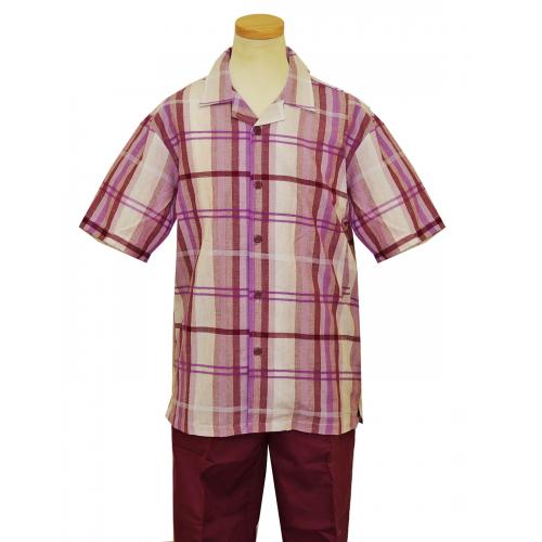 Stacy Adams Purple Grape / Lavender / White Windowpane / Plaid Design Button Up 2 Piece Short Sleeve Linen / Cotton Outfit 9508